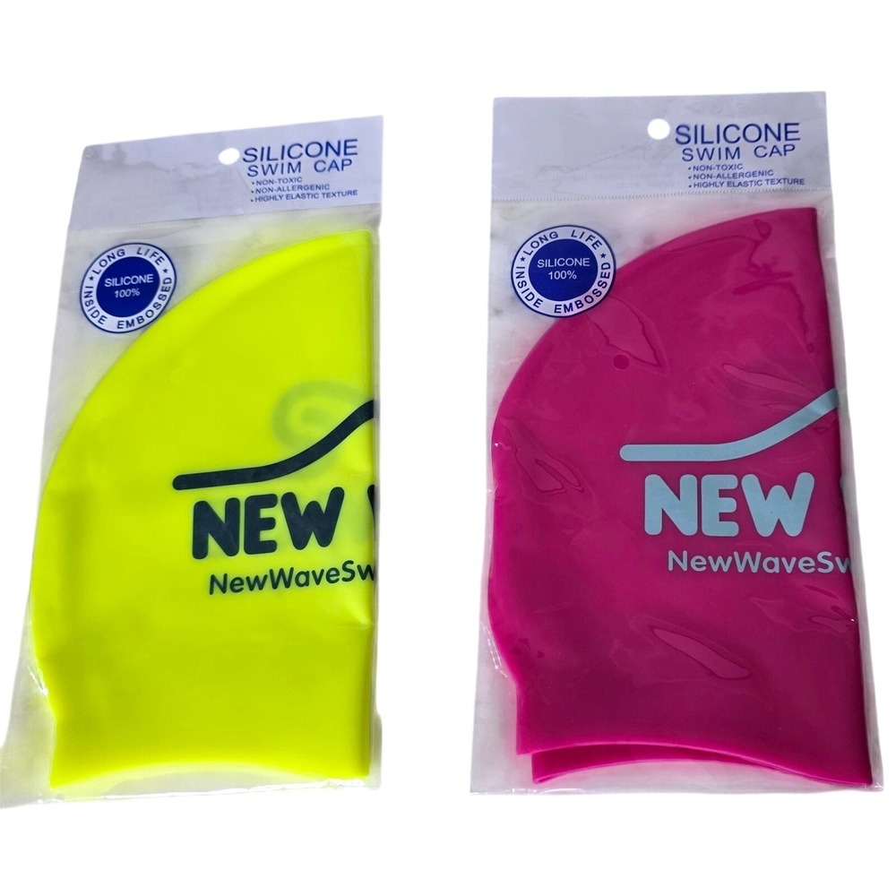 New Wave Silicone Swim Cap Set 2 Adult Neon Yellow Hot Pink Hypoallergenic Elstc